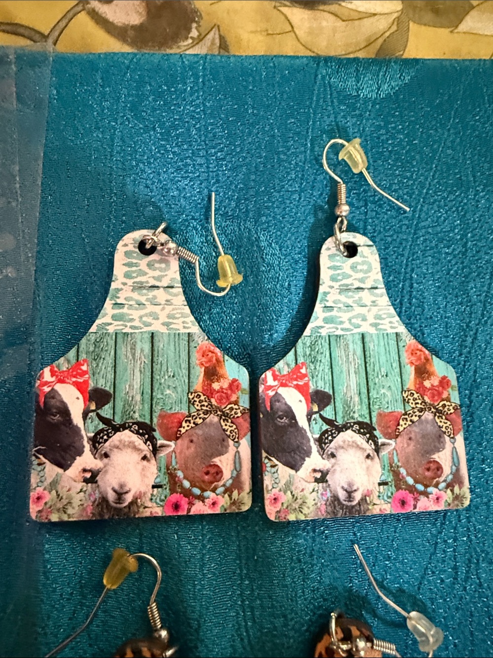 Whimsical Farm Animal Drop Earrings in Teal and Multicolor